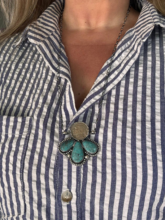 Buffalo nickel and Sonoran turquoise necklace