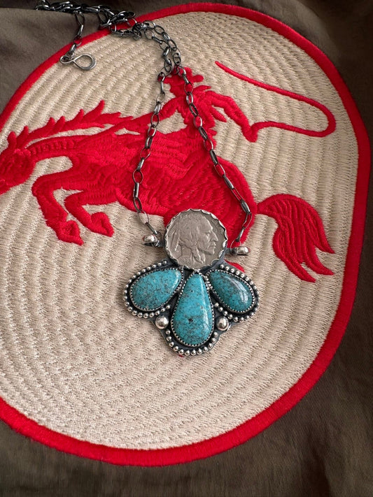 Buffalo nickel and Sonoran turquoise necklace